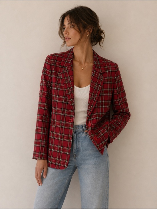 Lorianna Jackets & Blazers - Lorianna Red Tartan Plaid Blazer Jacket Preppy Academia Size 14
